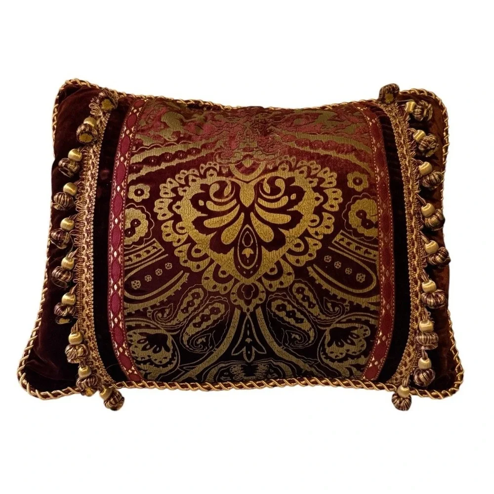 Damask Throw Pillow Burgundy Gold Tassel Trim Luxury Velvet 16